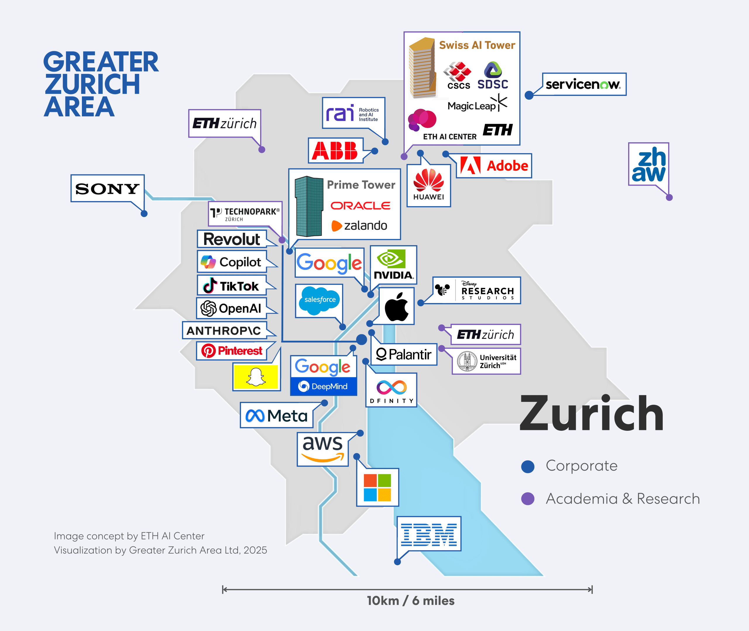 A map of global big tech and AI companies in the Greater Zurich region